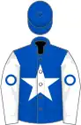 Royal blue, white star, white sleeves, royal blue circle, royal blue cap