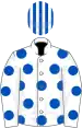 White, royal blue spots, white and royal blue striped cap