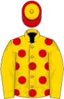 Yellow, red spots,yellow sleeves, yellow cap, red hoop