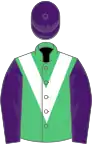 Emerald green, white chevron, purple sleeves and cap