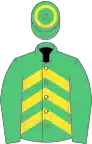 Emerald green, yellow chevrons, hoop on cap