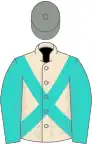 Champagen, turquoise cross-belts and sleeves, grey cap