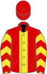 Red, yellow stripe, chevrons on sleeves