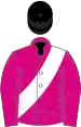 Cerise, white sash, black cap