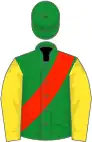 Green, scarlet sash, yellow sleeves