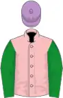 Pink, green sleeves, mauve cap