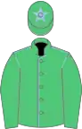 Emerald green, light blue seams, emerald green sleeves, emerald green cap,light blue star