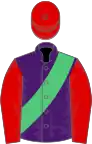 Purple, emerald green sash, red sleeves and cap