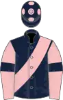 dark blue, pink sash, pink sleeves, dark blue armlets, dark blue cap with pink spots