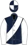 Dark blue, white sash and sleeves, quartered cap