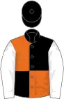 Black and orange (quartered), white sleeves, black cap