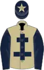 Beige, dark blue cross of lorraine and sleeves, dark blue cap, beige star