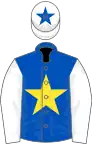 Royal blue, yellow star, white sleeves, white cap, royal blue star