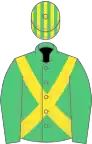 Emerald green, yellow cross sashes, striped cap