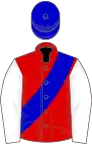 Red, royal blue chevron, white sleeves, royal blue cap