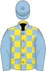 Yellow, light blue checked, light blue sleeves, light blue cap