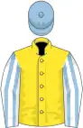 Yellow, white sleeves, light blue striped, light blue cap