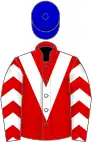 Red, white chevron, red and white halved sleeves, blue cap