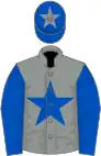 Grey, royal blue star and sleeves, royal blue cap, grey star