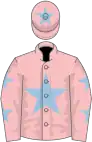 Pink, light blue star, pink sleeves, light blue stars, pink cap, light blue star