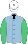 Light blue, emerald green sleeves, white cap