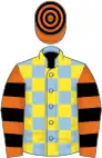 Light blue and yellow check, orange and black hooped sleeves and cap