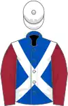 Royal blue, white cross belts, maroon sleeves, white cap