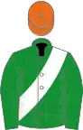 Emerald green, white sash, orange cap