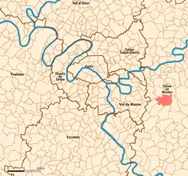 Location (in red) within Paris inner and outer suburbs