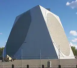 US Air Force PAVE PAWS phased array 420–450 MHz radar antenna for ballistic missile detection, Alaska.  The two circular arrays are each composed of 2677 crossed dipole antennas.