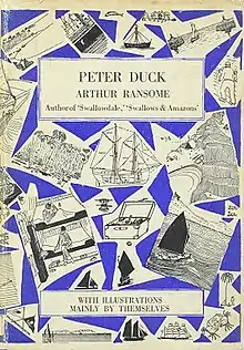 Typical cover art depicting a montage of Arthur Ransome's own illustrations from the book