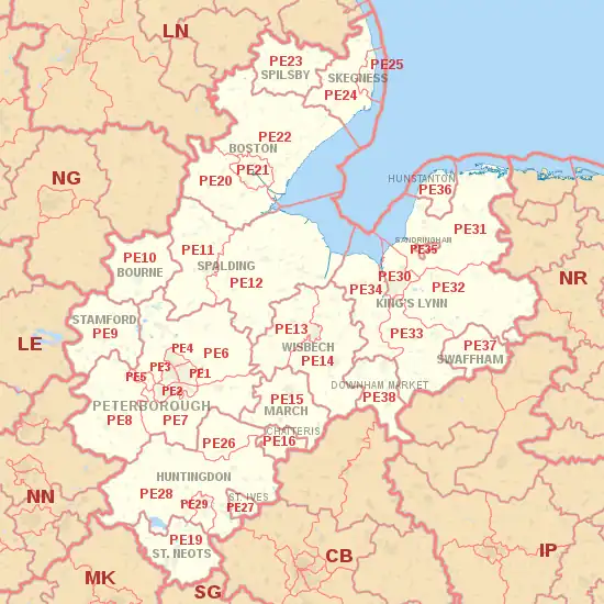 PE postcode area map, showing postcode districts, post towns and neighbouring postcode areas.