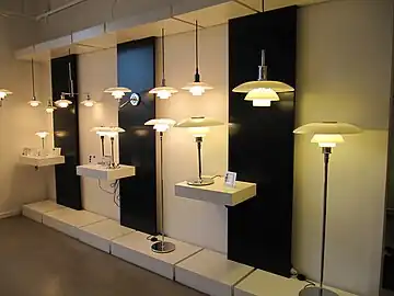 Three-shade system lamps in different forms at Louis Poulsen's Showroom in Copenhagen