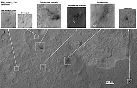 MSL debris field viewed by HiRISE on August 17, 2012 - parachute is 615 m (2,018 ft) from Curiosity. (3-D: rover &  parachute)