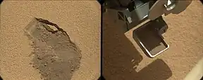 First use of the Curiosity rover scooper as it sifts a load of sand at Rocknest (October 7, 2012).