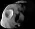 An irregularly shaped body is half illuminated from the bottom. The terminator runs from the left to right. The surface is covered by numerous craters.