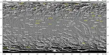 Black-and-white photographic map of Ceres, centred on 180° longitude, with official nomenclature (September 2017)