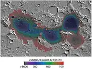 Map showing estimated water depth in different parts of Eridania Sea This map is about 850 km (530 miles) across.