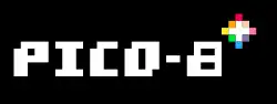 Pixel art: the text "PICO-8" in white on black, followed by a diamond shape with a rainbow outline.