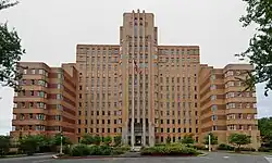 A brick-clad Art Deco-style building