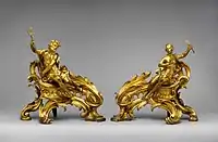 Pair of French Rococo firedogs (chenets); c. 1750; gilt bronze; dimensions of the first: 52.7 x 48.3 x 26.7 cm, of the second: 45.1 x 49.1 x 24.8 cm; Metropolitan Museum of Art