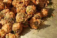 Pakora is a fried snack, popular throughout the Indian subcontinent, served in Jaipur, India.