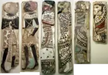 Ramesses III prisoner tiles: Inlay figures, faience and glass, of "the traditional enemies of Ancient Egypt" from Medinet Habu, at the Museum of Fine Arts, Boston. From left: 2 Nubians, Philistine, Amorite, Syrian, Hittite