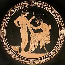 A typical Attic red-figure cup with meander pattern at borders, by the Eretria Painter, c. 440–435 BC, red-figure pottery, Louvre