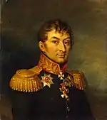 Painting shows a clean-shaven man with wavy hair and a cleft chin. He wears a dark green military uniform with epaulettes and several awards.