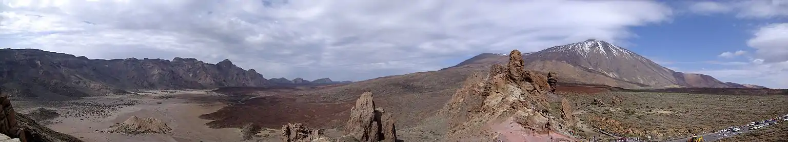 To the left, the rock walls of the caldera; to the right the volcano and rocky formations with tourists at the first level.