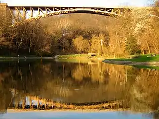 Panther Hollow Bridge seen from Panther Hollow Lake in Schenley Park