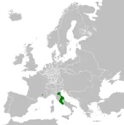 Map of the Papal States (green) in 1789, including its exclaves of Benevento and Pontecorvo in southern Italy, and the Comtat Venaissin and Avignon in southern France