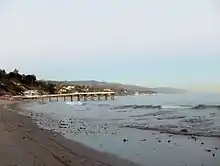 A long shot of a beach with houses in the distance.