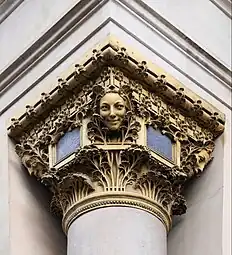 Art Nouveau capital with mascarons of the Printemps Haussmann (Boulevard Haussmann no. 64), Paris, designed by René Binet, 1911